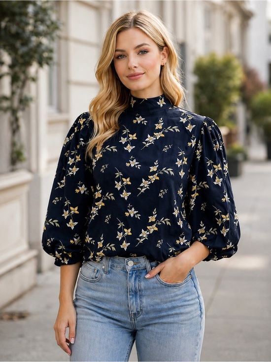 Levi's Tops - Levi’s Navy Floral Puff Sleeve Blouse XL High Neck Cotton Back Zip Top